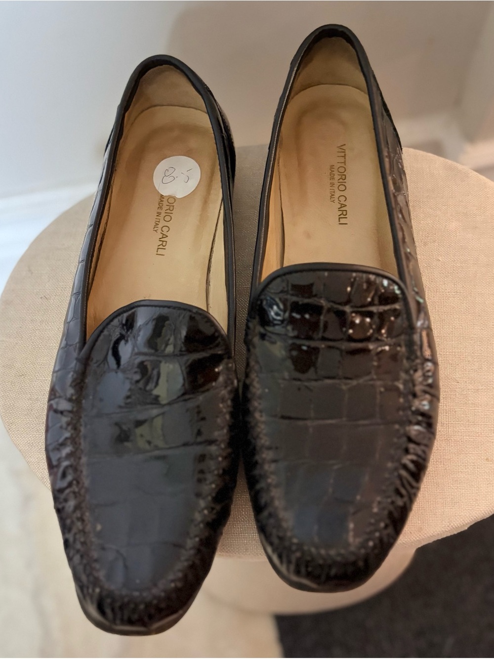 VITTORIO CARLI Glossy Black Croc-Embossed Leather Slip-On Loafers (8.5”